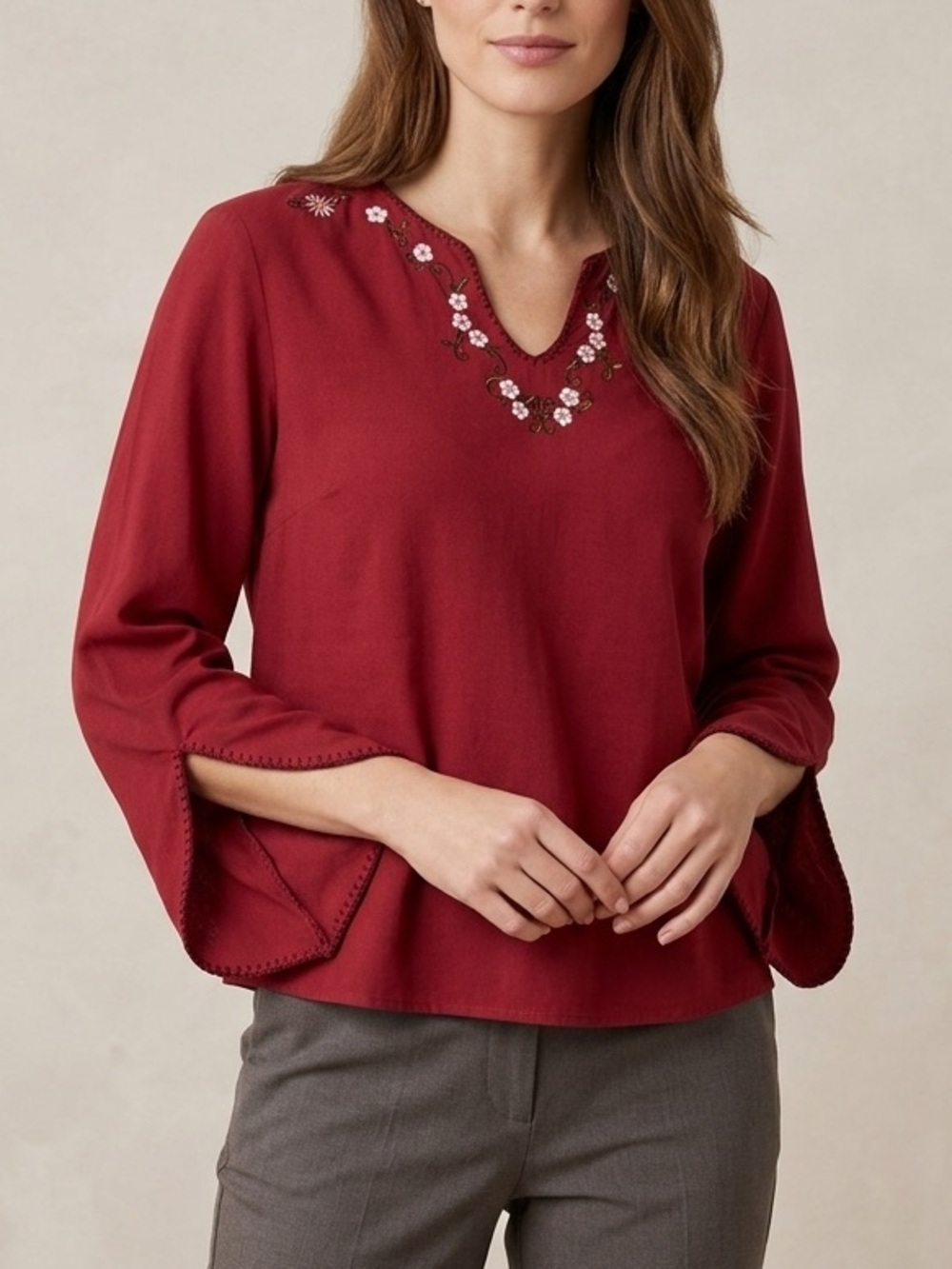 Anne Carson Embroidered Silk V-Neck Long Sleeve Shirt Red Top Size Medium